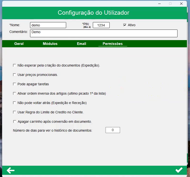 Permiss&otilde;es do utilizador
