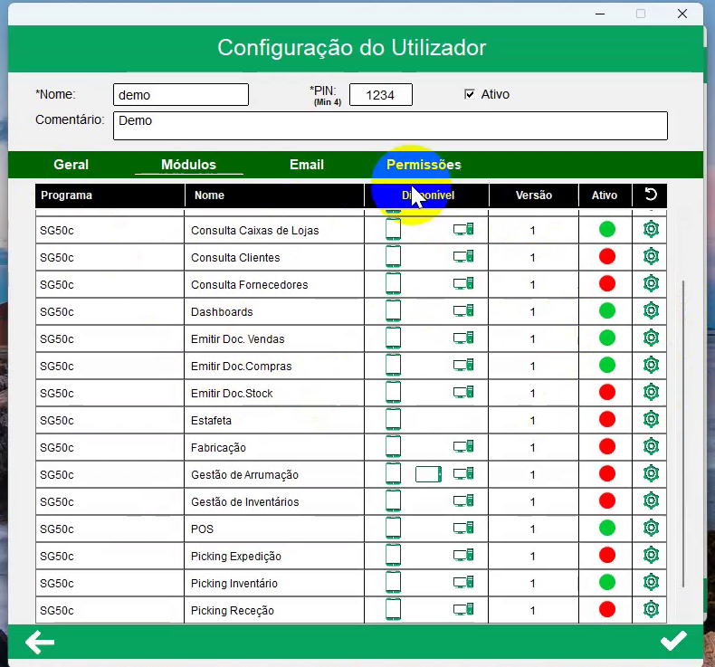 M&oacute;dulos do utilizador